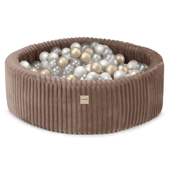 PLUSH NEST Dry ball pool, 90x30 cm, round, Mocha, Puffy Lamell, 200 balls- transparent, pearl, gold
